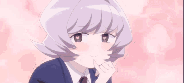 a girl with purple hair and a heart in her eye