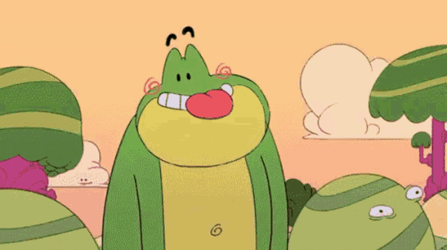 a green frog with a red tongue sticking out
