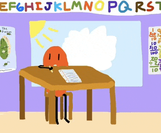 a cartoon drawing of a person sitting at a desk with the letters efghijklmnopqrst behind them