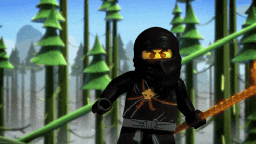a lego ninja is standing in a forest holding a stick