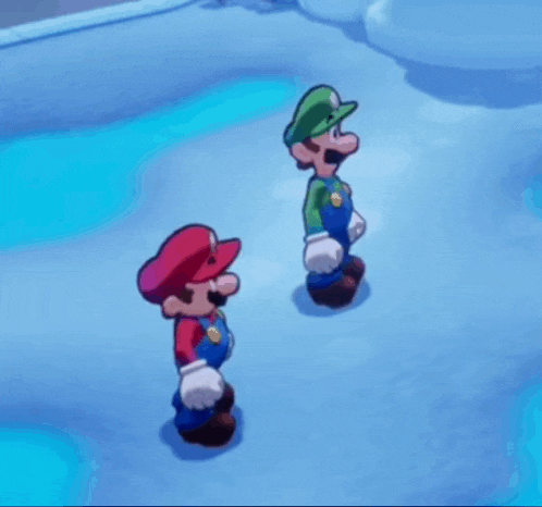 two cartoon characters , mario and luigi , are laying on their backs in a pool .
