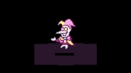 a pixel art of a clown in a pink hat and bow tie standing on a table .