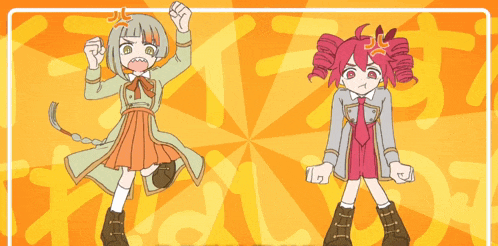 two anime girls are standing next to each other and one is angry
