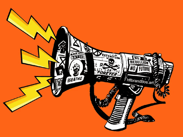 a black and white drawing of a megaphone with stickers on it including one that says breathe