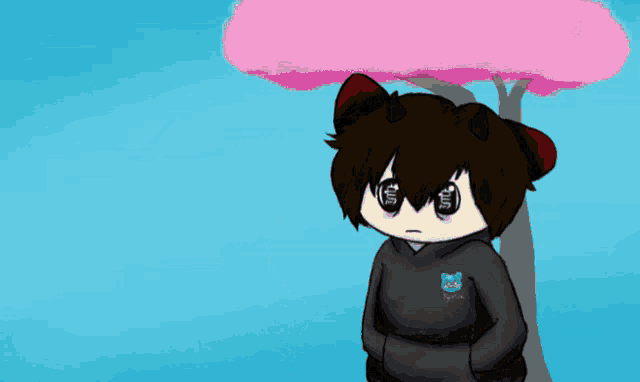 a drawing of two cartoon characters with one wearing a black hoodie that says kyorin on it