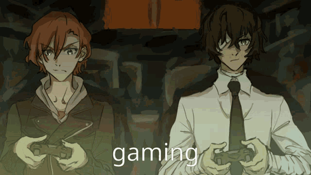 two anime characters playing a video game with the word gaming in the corner