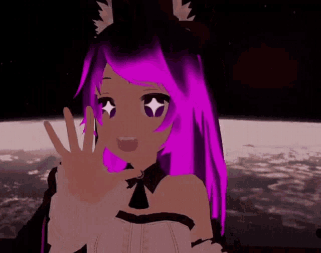 a girl with purple hair is giving a high five in front of a planet