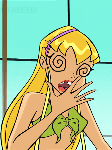 a cartoon of a girl with a swirl in her eye