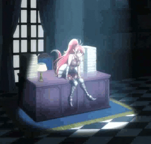 a girl with red hair is sitting on a desk in a room