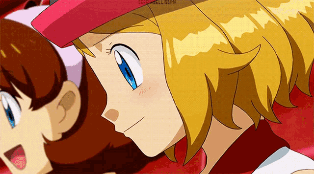 a girl with blonde hair and blue eyes is wearing a red hat and white shirt