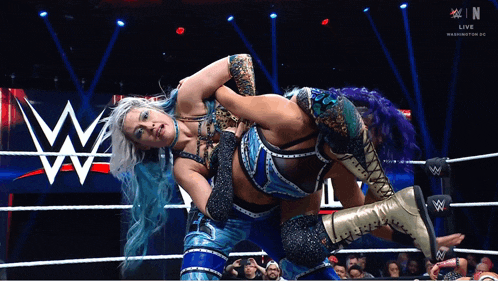 two women are wrestling in a wrestling ring with a w logo in the back