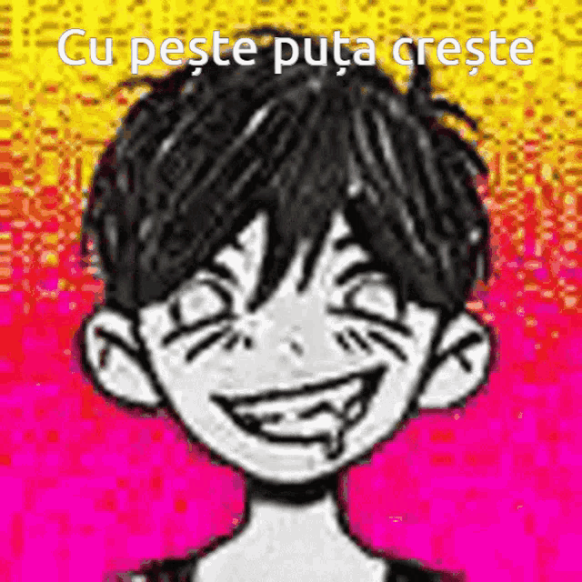 a black and white drawing of a boy with the words cu peste puta creste written on the bottom