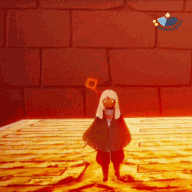 a cartoon character is standing in front of a red brick wall