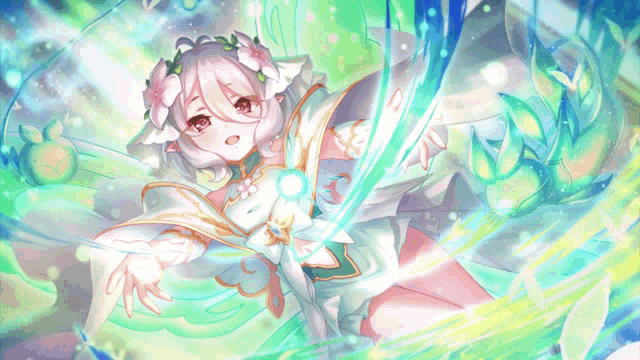 a girl with white hair and flowers on her head