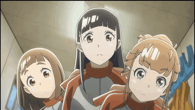 three anime girls are standing next to each other and one has the letter l on her face