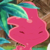 a close up of a pink cartoon character with a green plant in the background