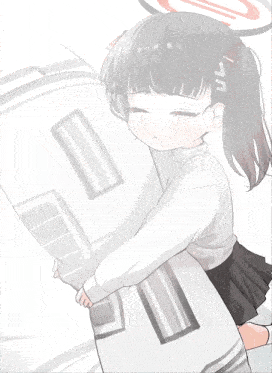 a little girl with red eyes is holding a white pillow with the letter u on it