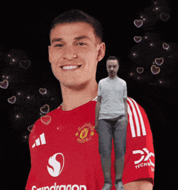 a man wearing a red shirt with the word united on the front
