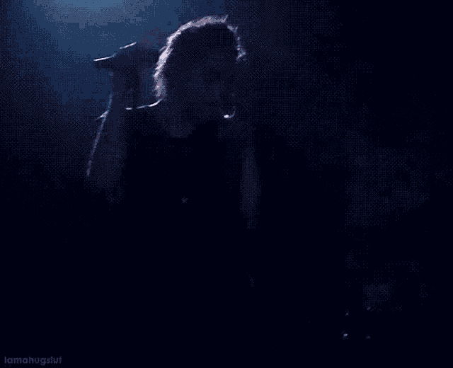 a man is singing into a microphone on a stage in front of an american flag and a spider .