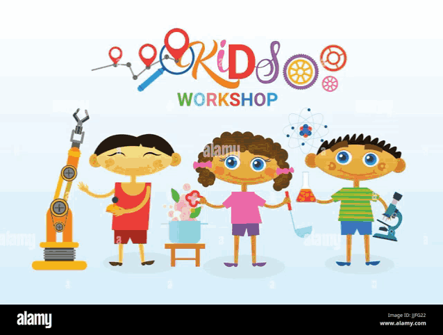 a group of children are standing next to each other in a workshop with a robotic arm .