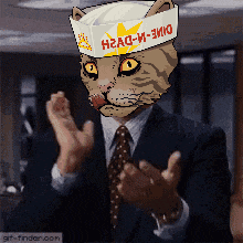 a man in a suit and tie with a cat 's head and a hat that says h2aq-m-310