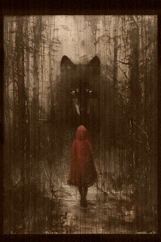 a painting of little red riding hood walking in the woods