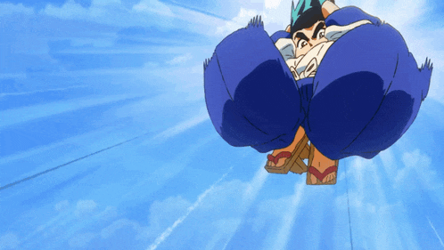 a cartoon character is flying through the air with a blue blanket on