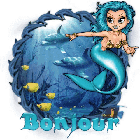 a cartoon illustration of a mermaid and dolphins with the word bonjour below it