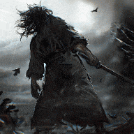 a painting of a samurai holding a sword with birds flying around him