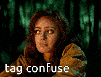 a woman in a yellow jacket with the words tag confuse written below her