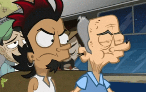 a cartoon of a man with a beard and a red mohawk
