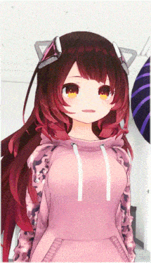 a girl in a pink hoodie with cat ears