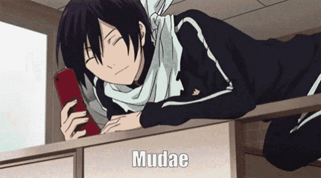 a black haired anime character is laying on a balcony looking at a cell phone and the word mudae is on the bottom right
