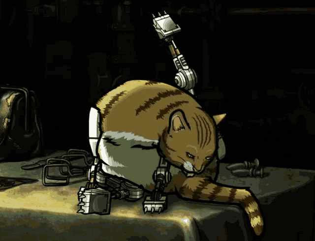 a cartoon cat with a robotic arm is laying on a table