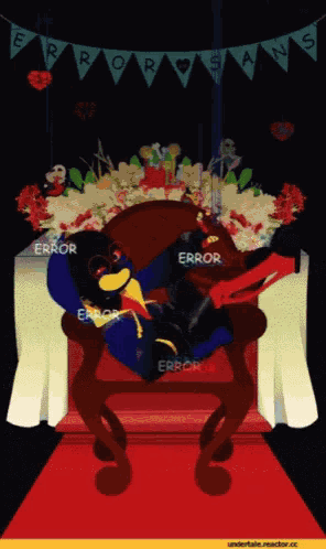 a cartoon of error sans sitting in a chair with flowers in the background