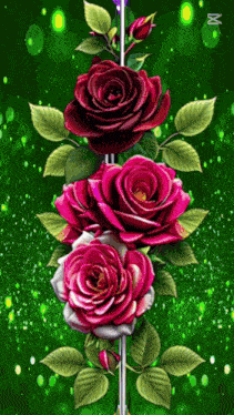 a bunch of roses on a green background with the letter m on the bottom