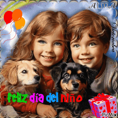 a picture of a boy and a girl with a dog and the words feliz dia del niño on the bottom