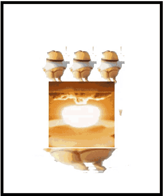 three yellow eggs are standing next to a picture of a nuclear bomb