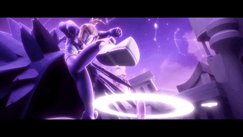 a person in a purple outfit is surrounded by a glowing circle