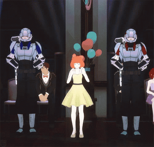 a girl in a yellow dress is standing in front of two robots with balloons
