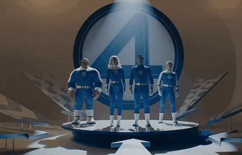 the fantastic four are standing on a stage in front of a circle with the number 4 on it