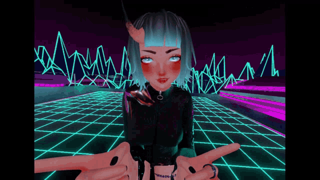 a girl with horns and blue hair stands in front of a neon grid