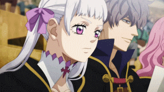 a girl with white hair and purple eyes stands next to a man