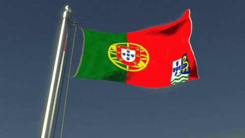 a portuguese flag is waving in the wind with a blue sky in the background
