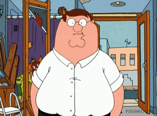 peter griffin from the family guy is standing in a room