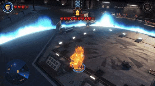 a screenshot of a video game that says press any button at the bottom