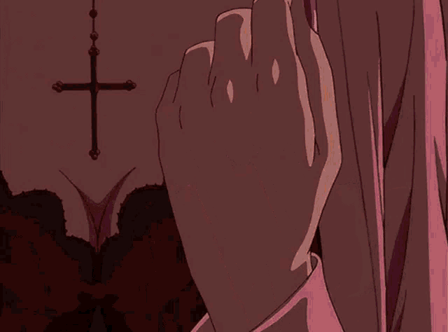 a woman with purple nails is holding a flame in her hand in front of a cross