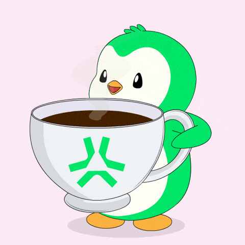 a green penguin is holding a cup of coffee with a green x on it