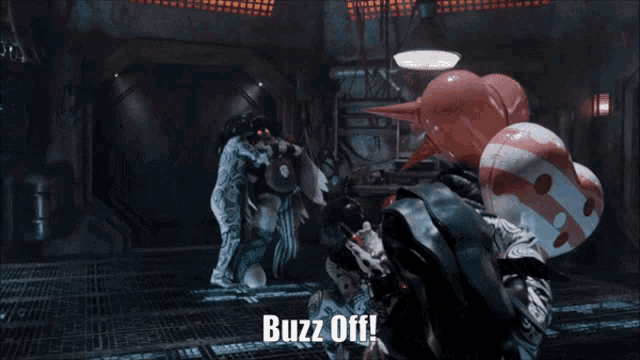 a video game scene with buzz off written in the corner