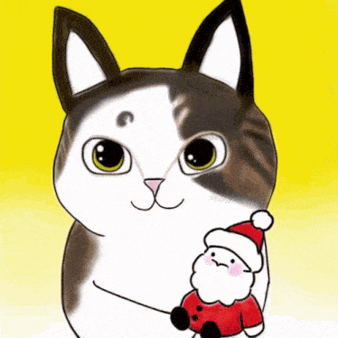 a black and white cat holding a small santa claus doll